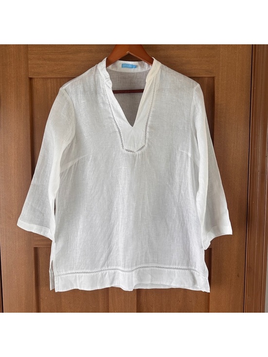 J. McLaughlin Tops - J. McLaughlin 100% Linen White V-neck 3/4 Sleeve Tunic Blouse Women’s Small